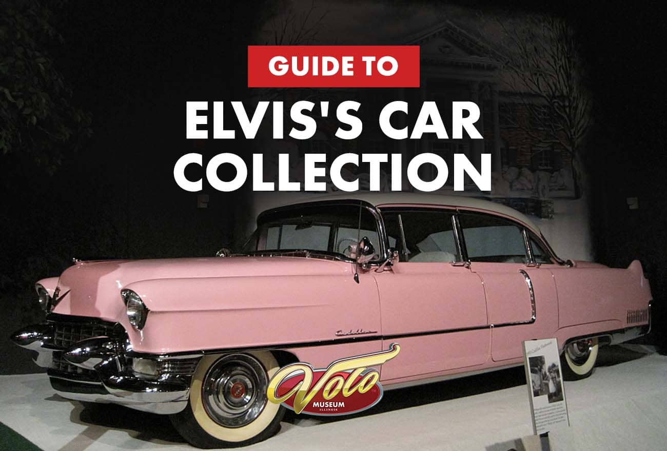 Cover image for guide to Elvis’s car collection at Volo Auto Museum featuring vintage cars and Elvis-themed design