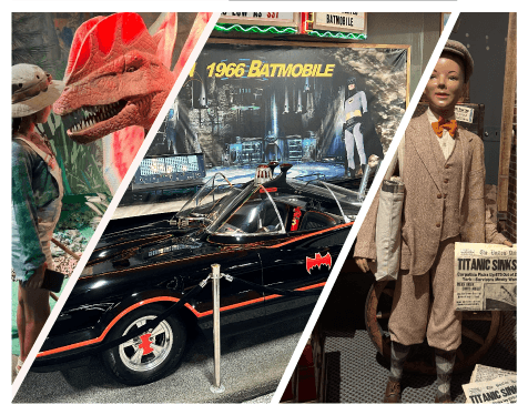 Dinosaur, Batmobile, Titanic exhibit display