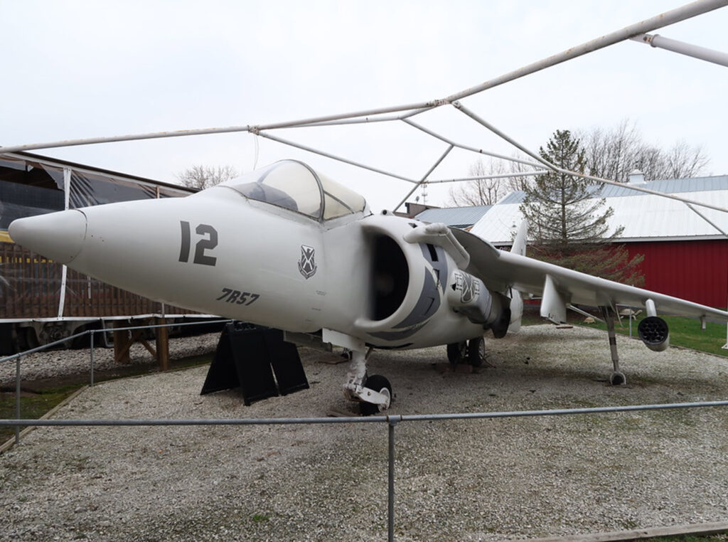 Harrier jump jet movie prop featured in True Lies and The Avengers, displayed as a military aircraft exhibit with vertical takeoff capability and iconic pop-culture history.