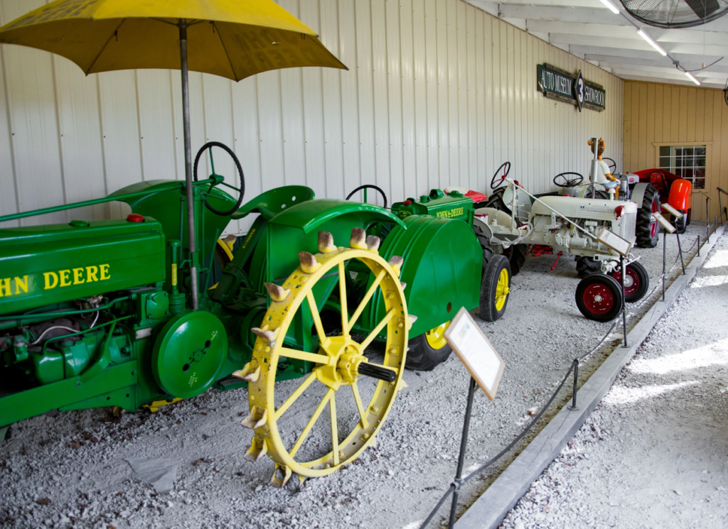 Colorful vintage tractors on display
