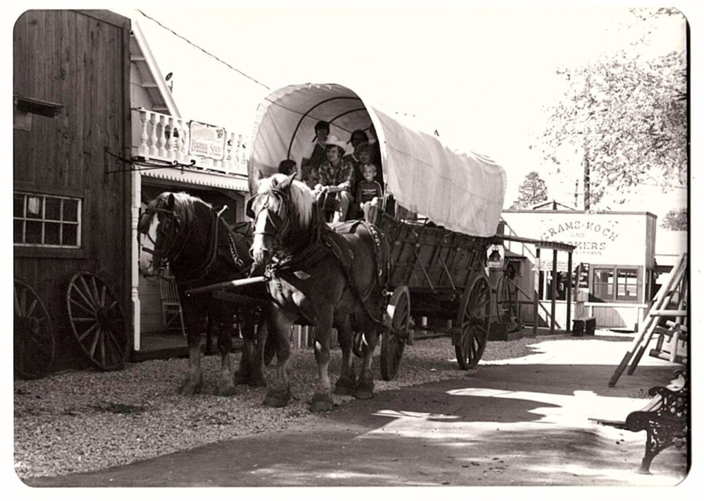 Horse-drawn wagon in historic setting.
