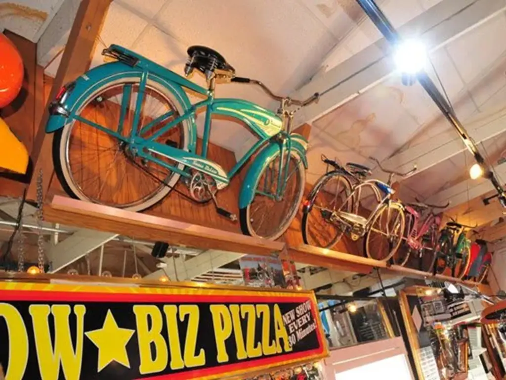 Colorful bicycles displayed on wall