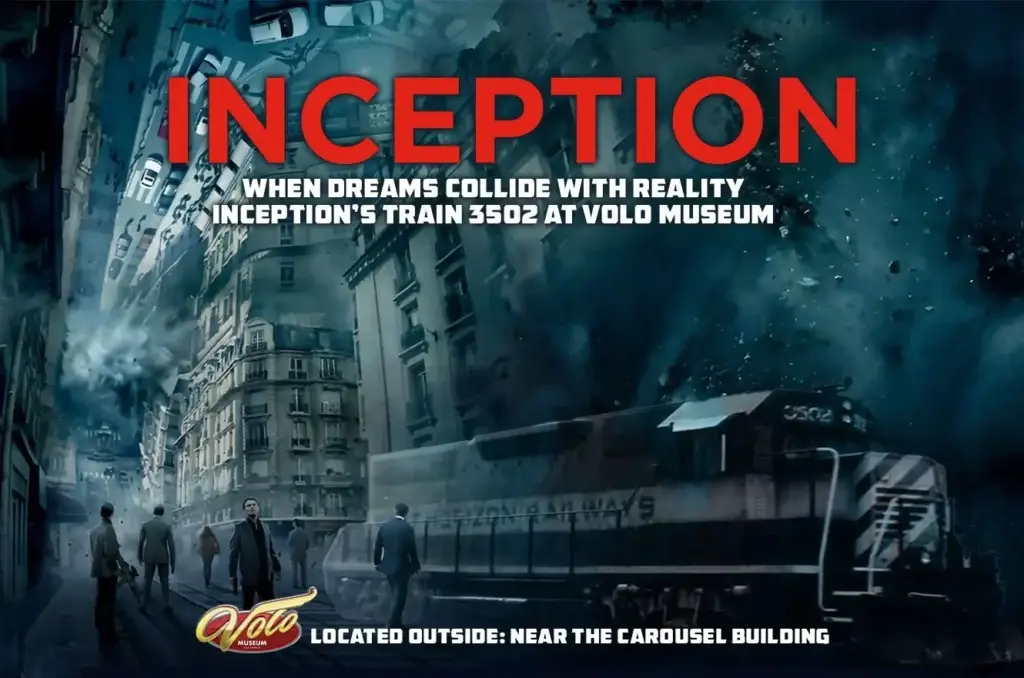 Train in surreal dreamlike landscape.