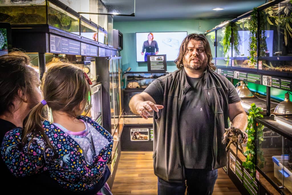 Man presenting animals in exhibit