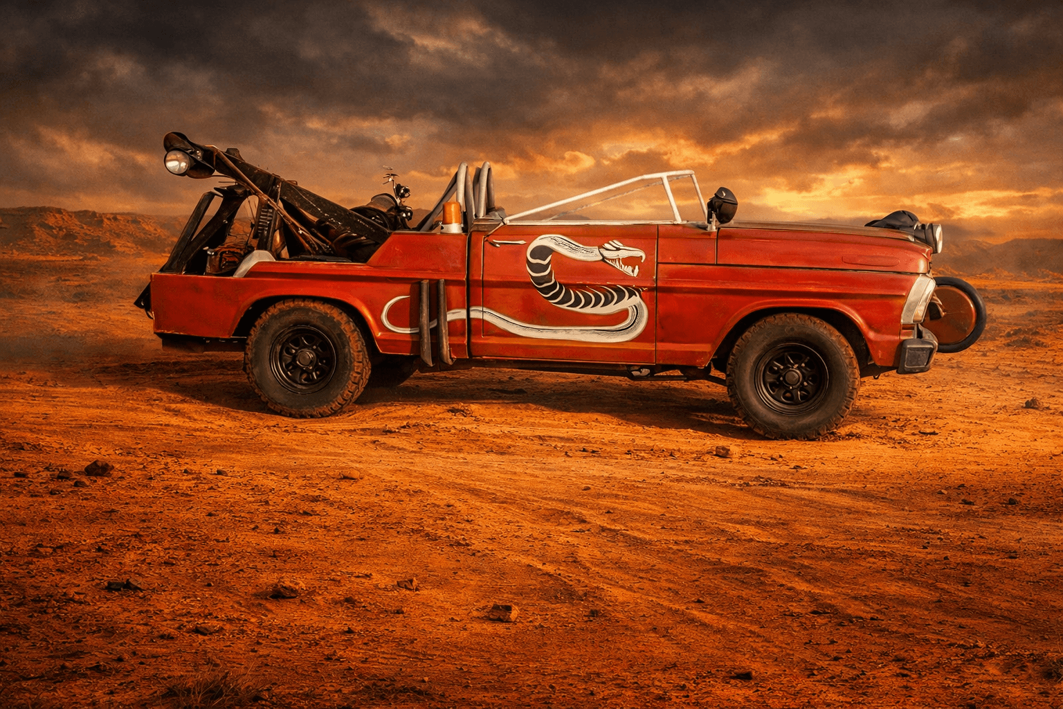 Another memorable vehicle from The Road Warrior is the Snake Truck, named for the striking snake graphic painted along its doors.