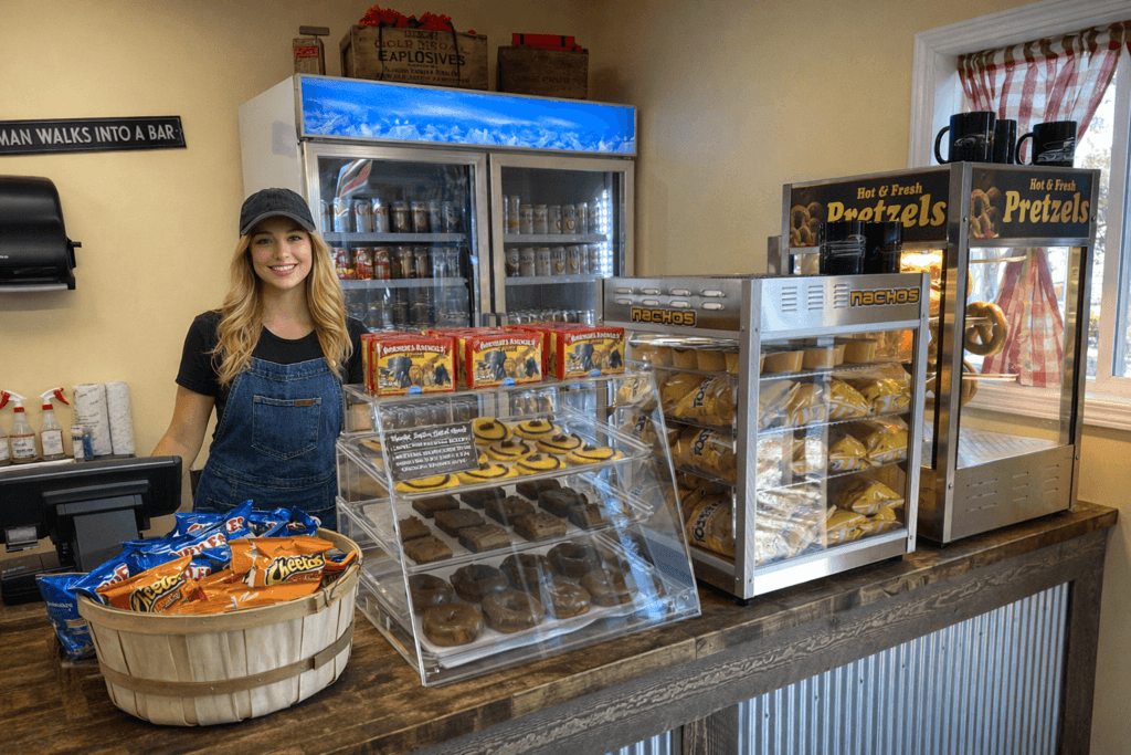 Smiling woman in snack shop.