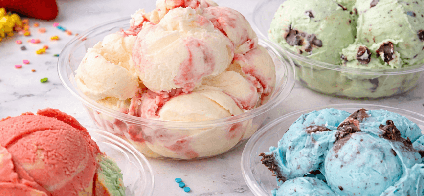 Colorful ice cream scoops in bowls