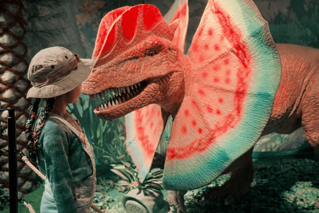Child observing colorful dinosaur exhibit