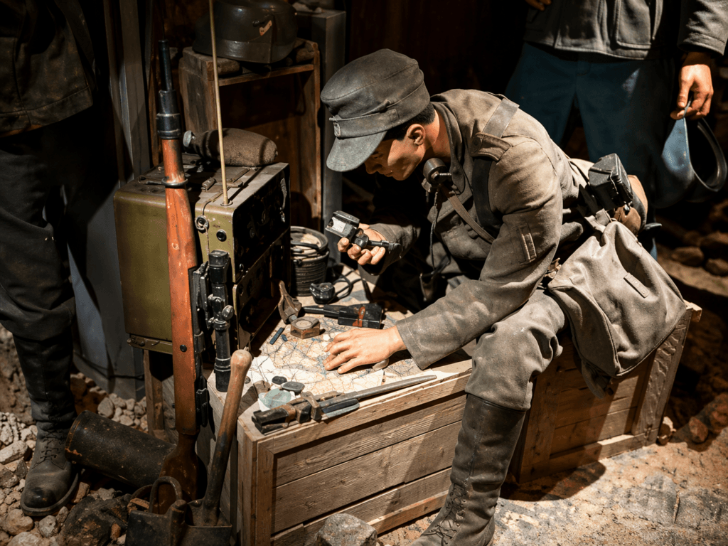 Soldier using equipment in bunker