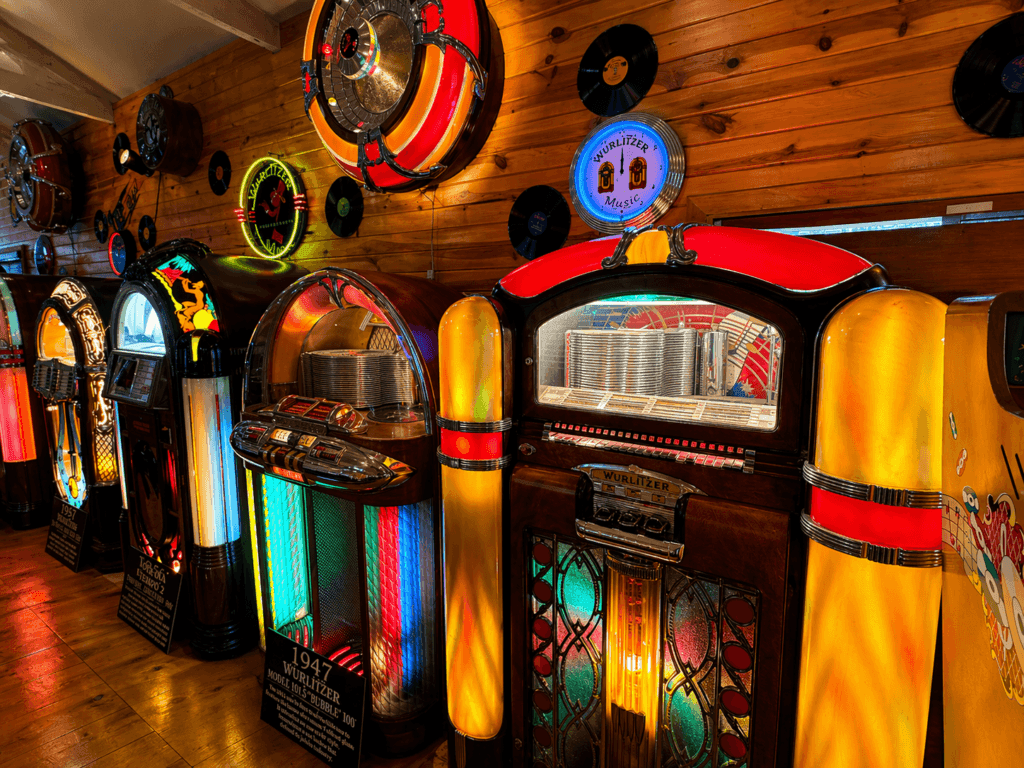 Colorful vintage jukeboxes in a diner