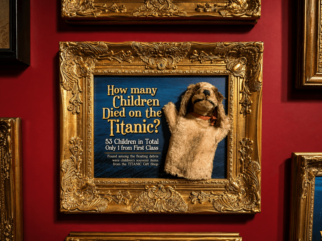 Framed display about Titanic children's fate.