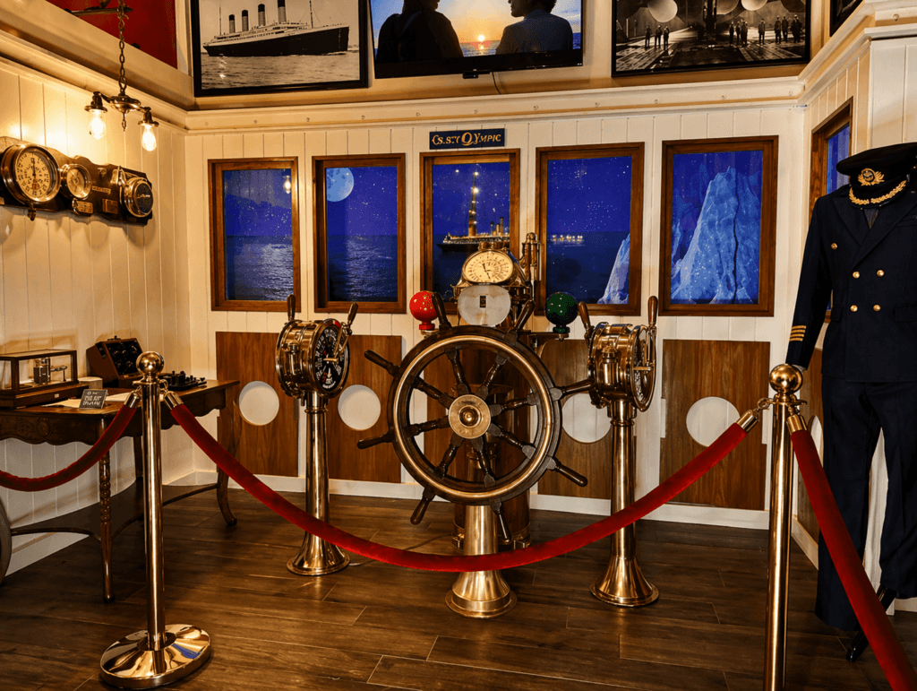 titanic display with ship's wheel.
