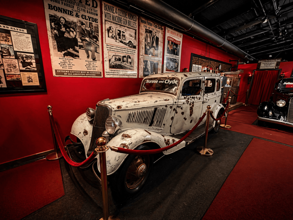 Bonnie and Clyde replica car displayed in the crime and punishment exhibit at volo museum