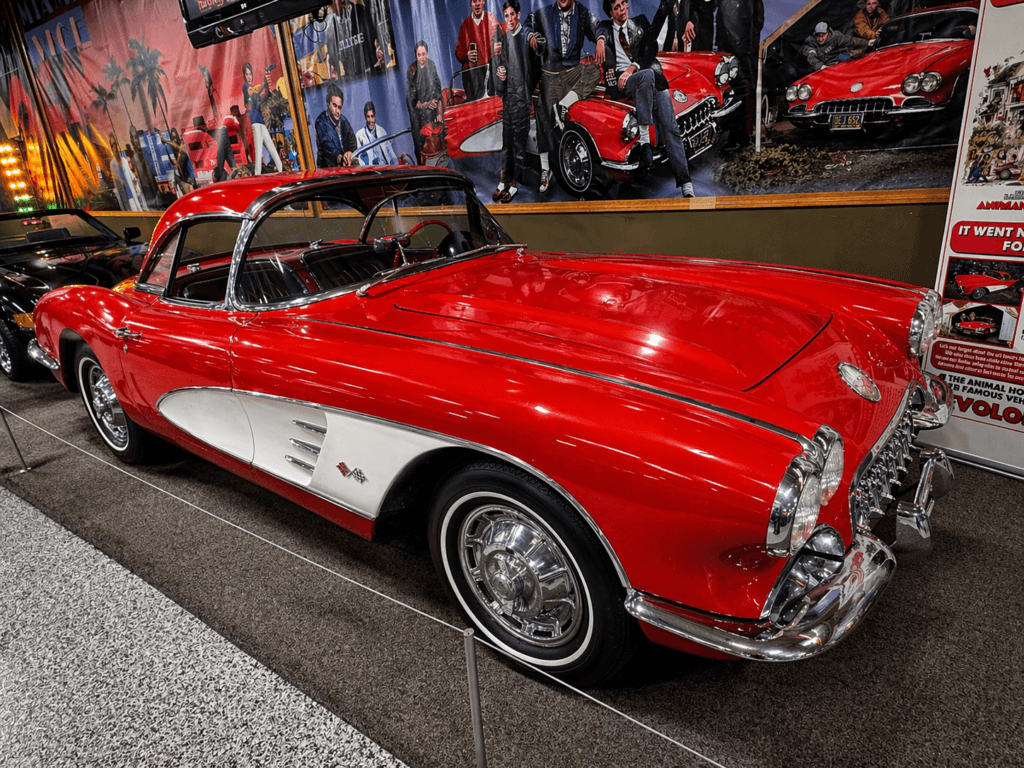 Classic red Corvette sports car from animal house on display at volo museum