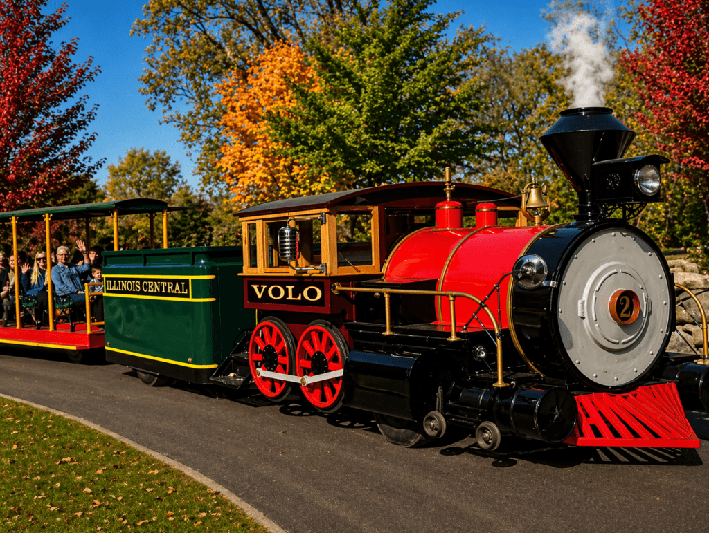 Colorful train with passengers at volo museum