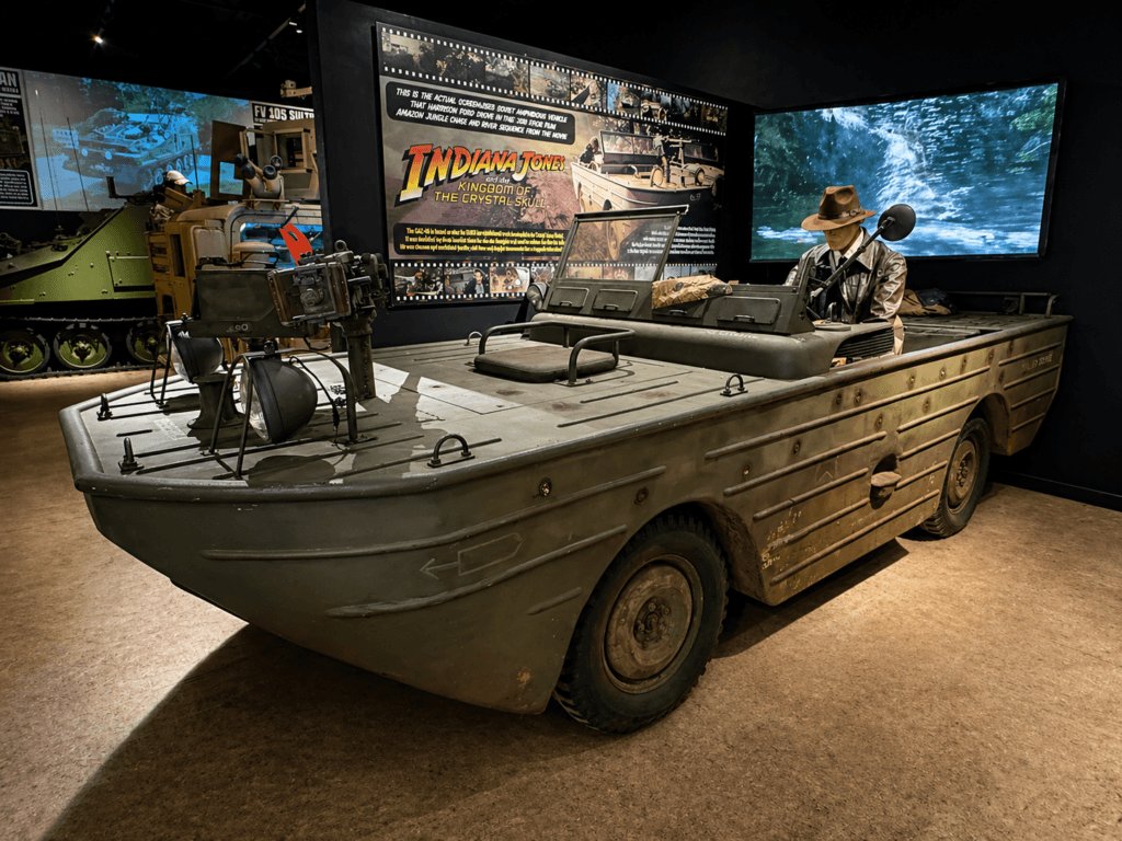 Indiana Jones-themed vehicle display in museum