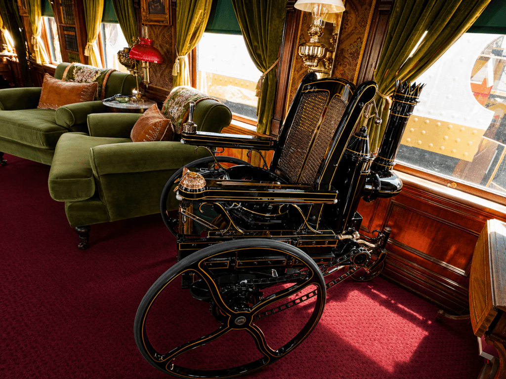 Vintage wheelchair in luxurious interior.