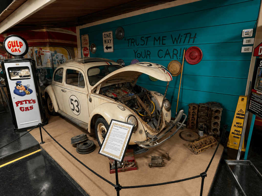 Vintage herbie love bug car with open hood display