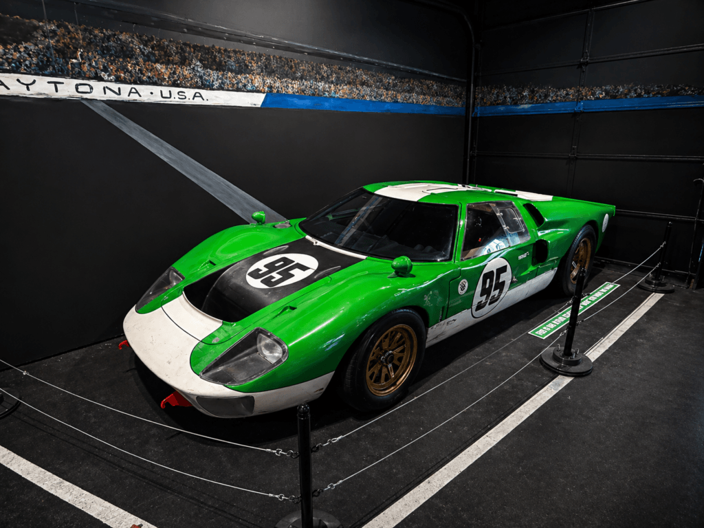 car in garage at the ford vs ferrari exhibit at volo museum