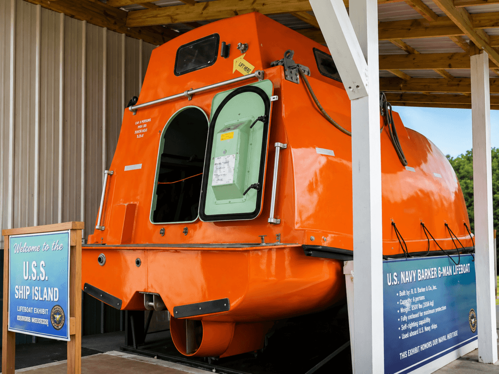 Orange lifeboat from captain phillips displayed at attraction