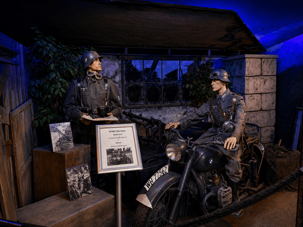 WWII German soldiers with motorcycle display