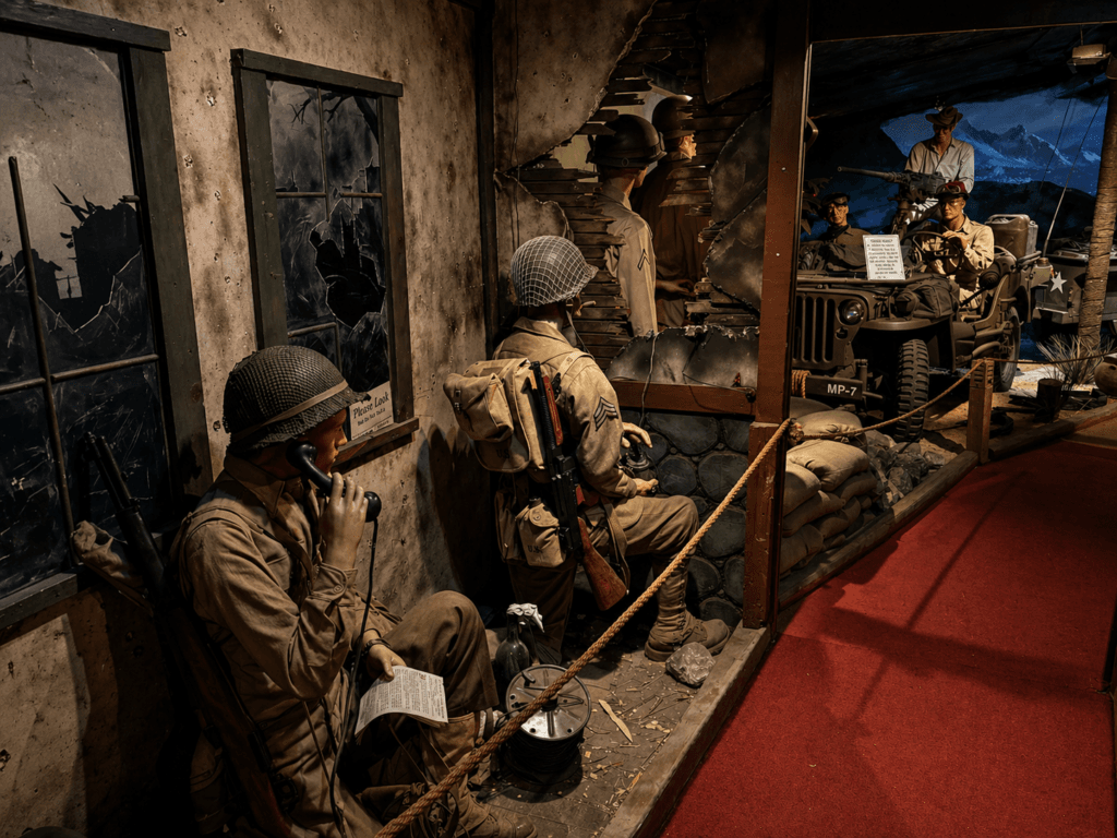 Military diorama with soldiers and vehicles.