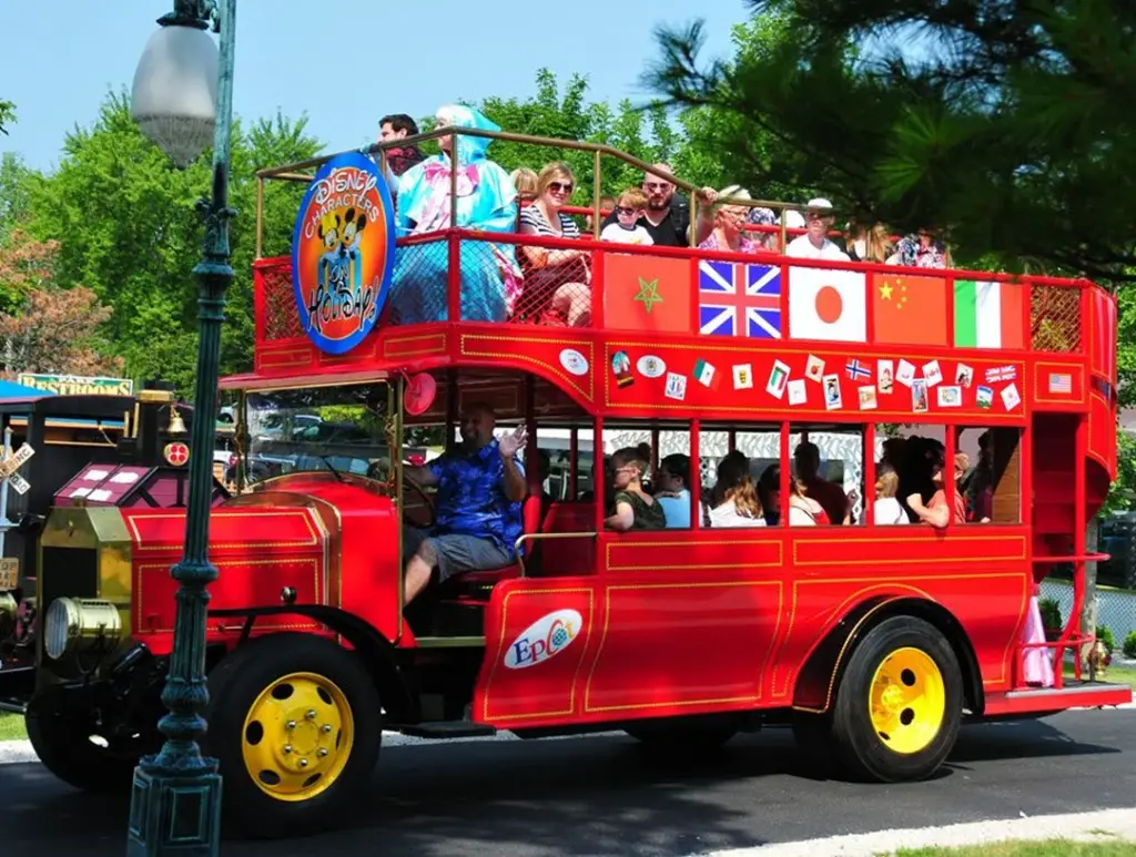 Colorful double-decker bus with passengers