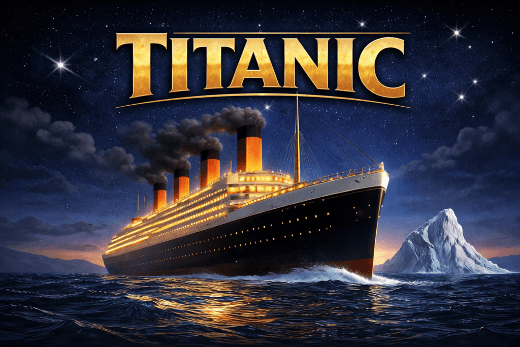 Titanic sailing through the night ocean