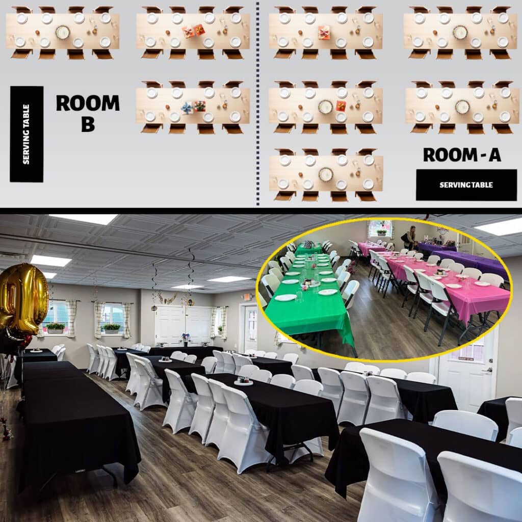 Two rooms with banquet table arrangements layout example
