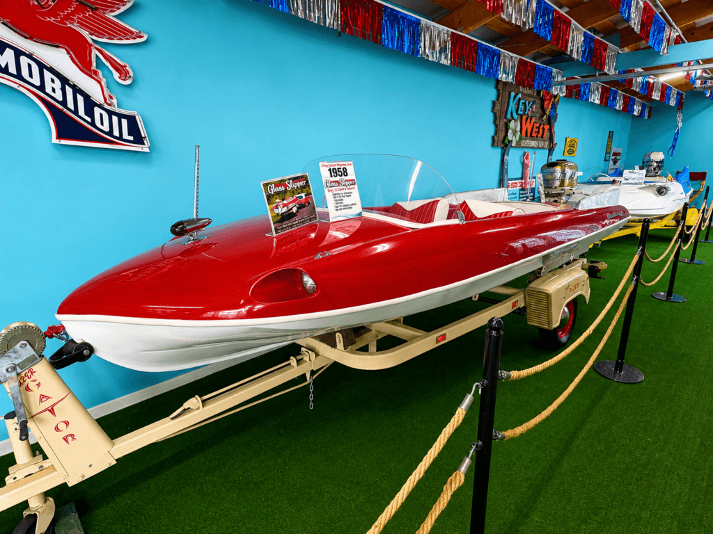 Classic red speedboat on display