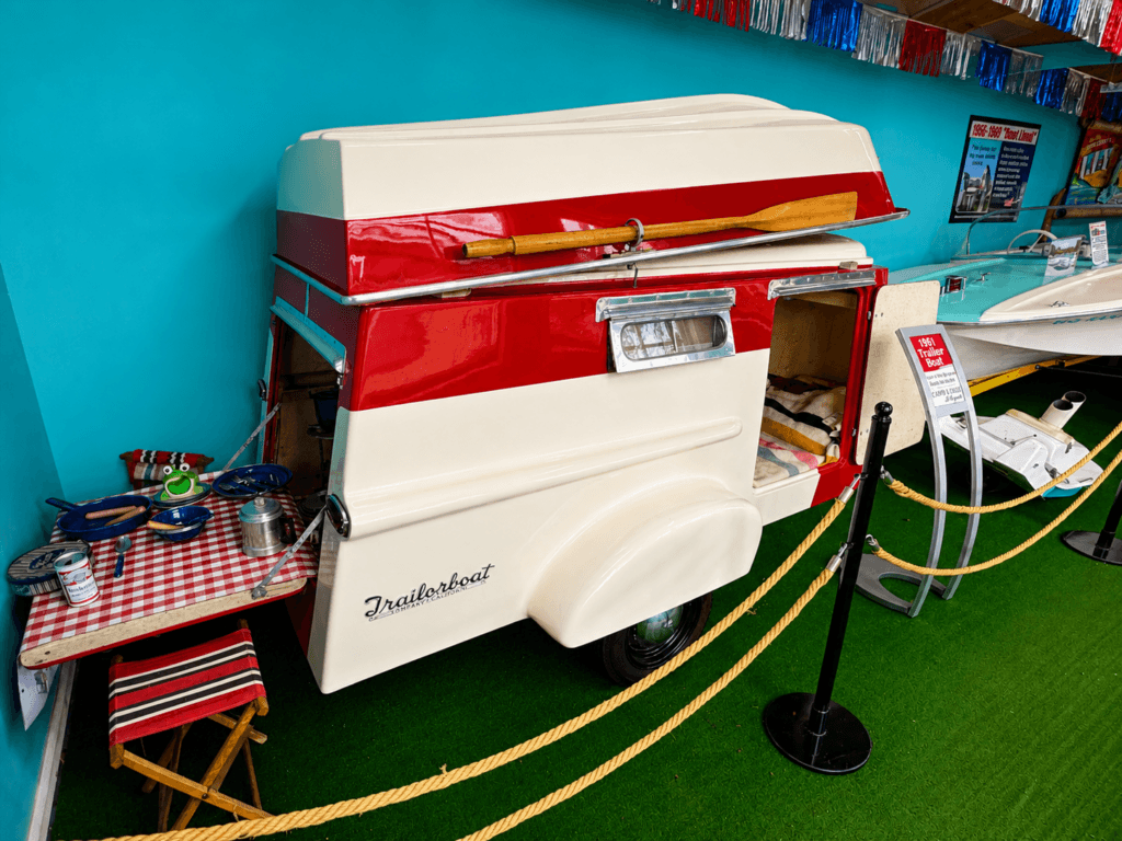 Colorful vintage trailer boat display