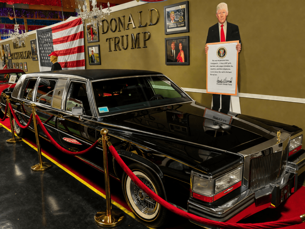 Black limousine with Trump memorabilia display