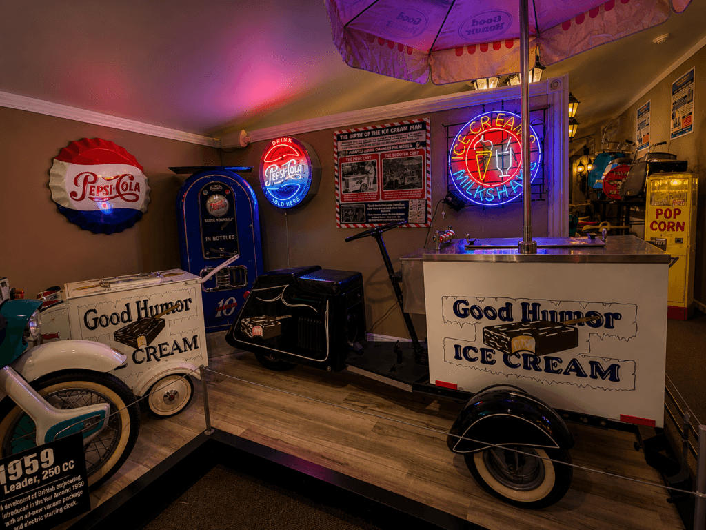 Vintage ice cream cart display indoors