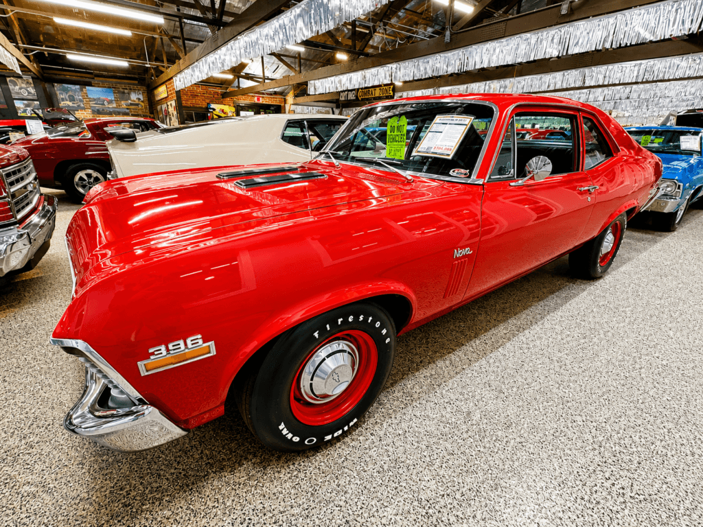 Classic red muscle car in showroom