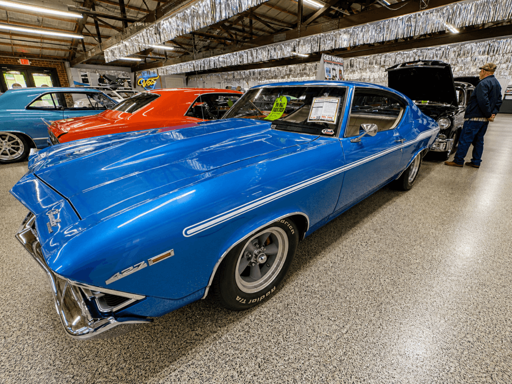 Classic blue muscle car in showroom
