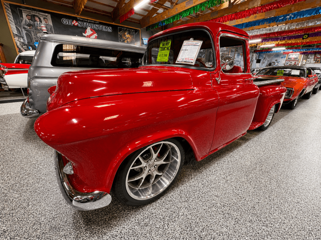 Classic red truck in showroom