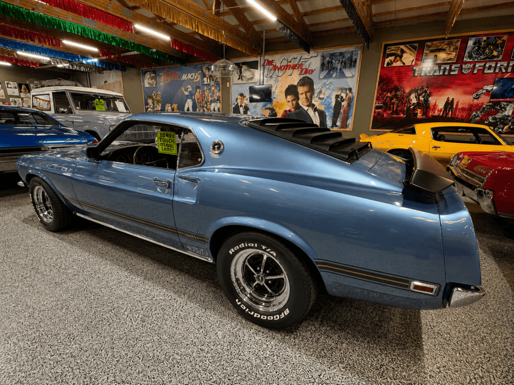 Classic blue muscle car in showroom