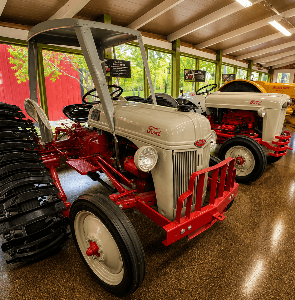 Two vintage Ford tractors displayed indoors