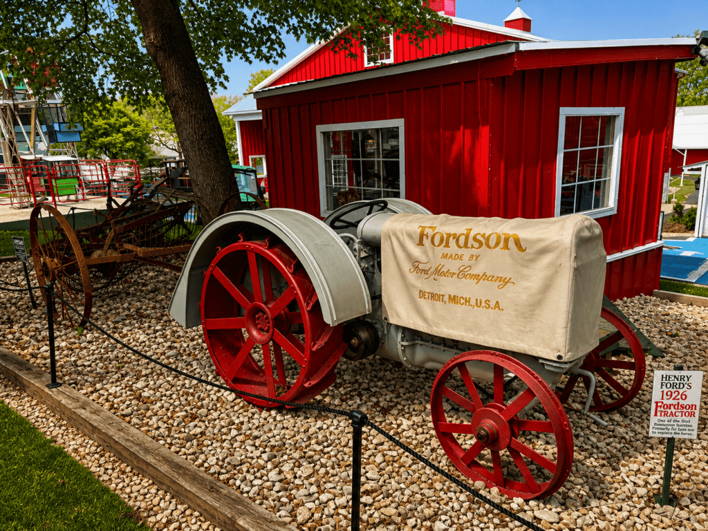 Vintage Fordson tractor near barn