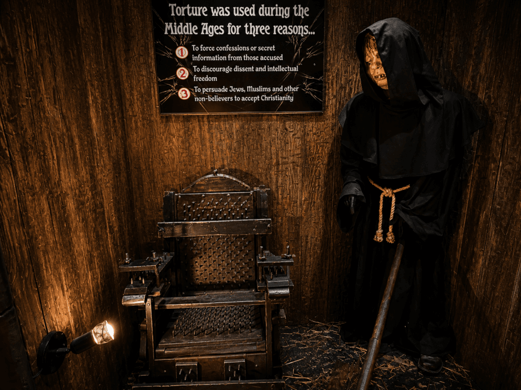 Medieval torture exhibit with grim figure