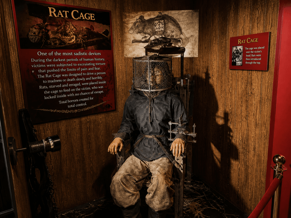 Historical torture device display with mannequin