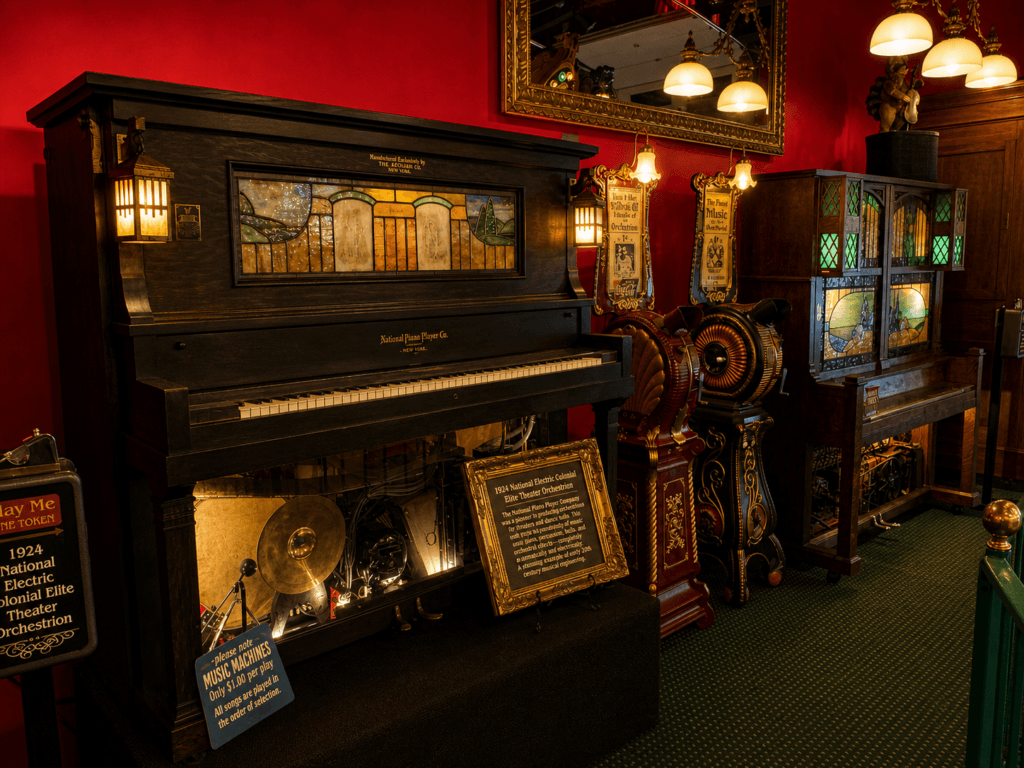 Antique player pianos in museum setting