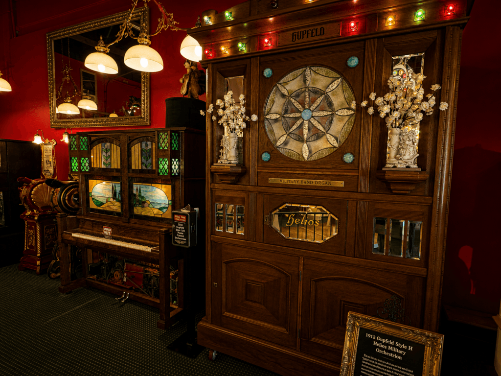 Antique music machines in a room