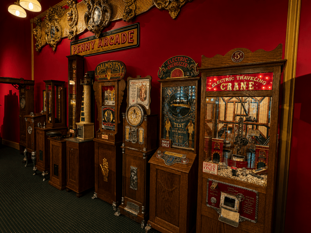 Vintage penny arcade machines displayed indoors.