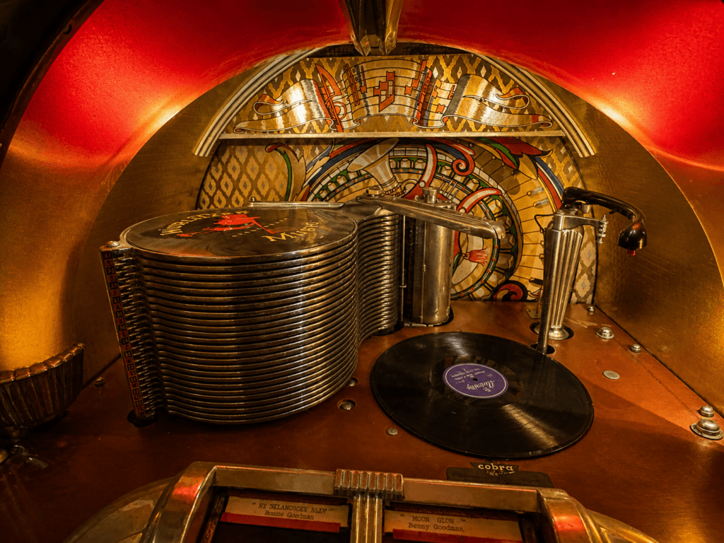 Vintage jukebox with vinyl records.