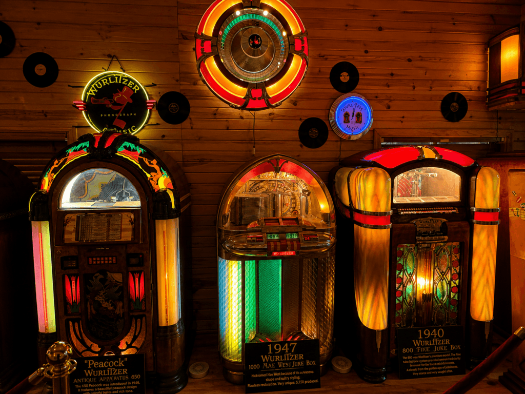 Vintage jukeboxes with colorful lights