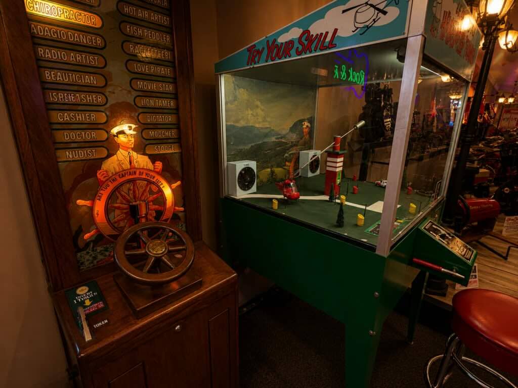 Vintage arcade games and skill challenges.