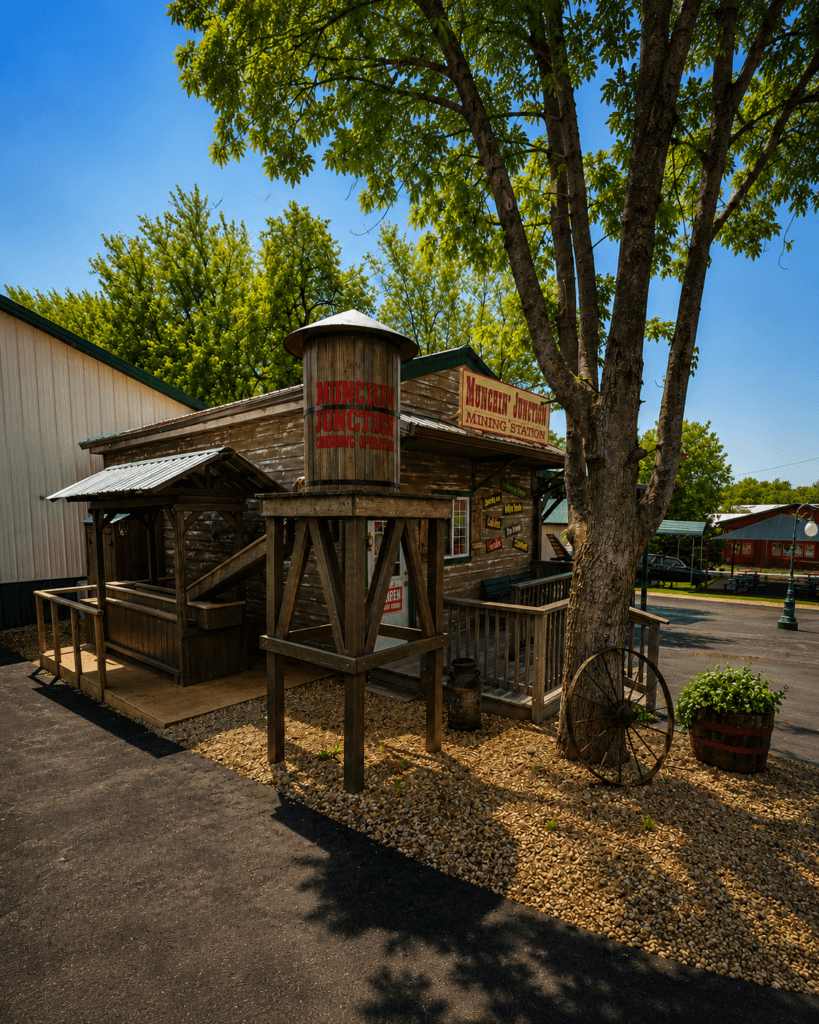 Rustic wooden building with signage.