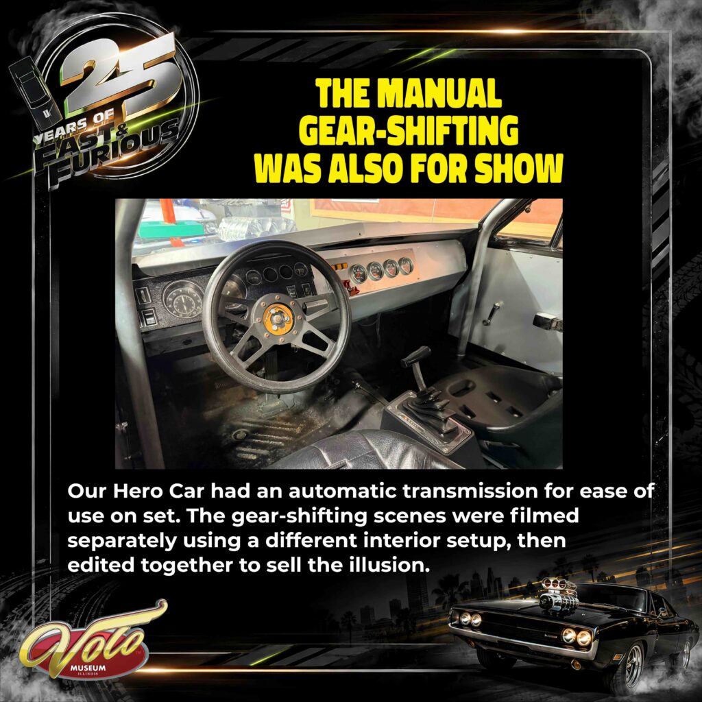 Inside view of the 1970 dodge charger from the fast and the furious manual gear-shifting display