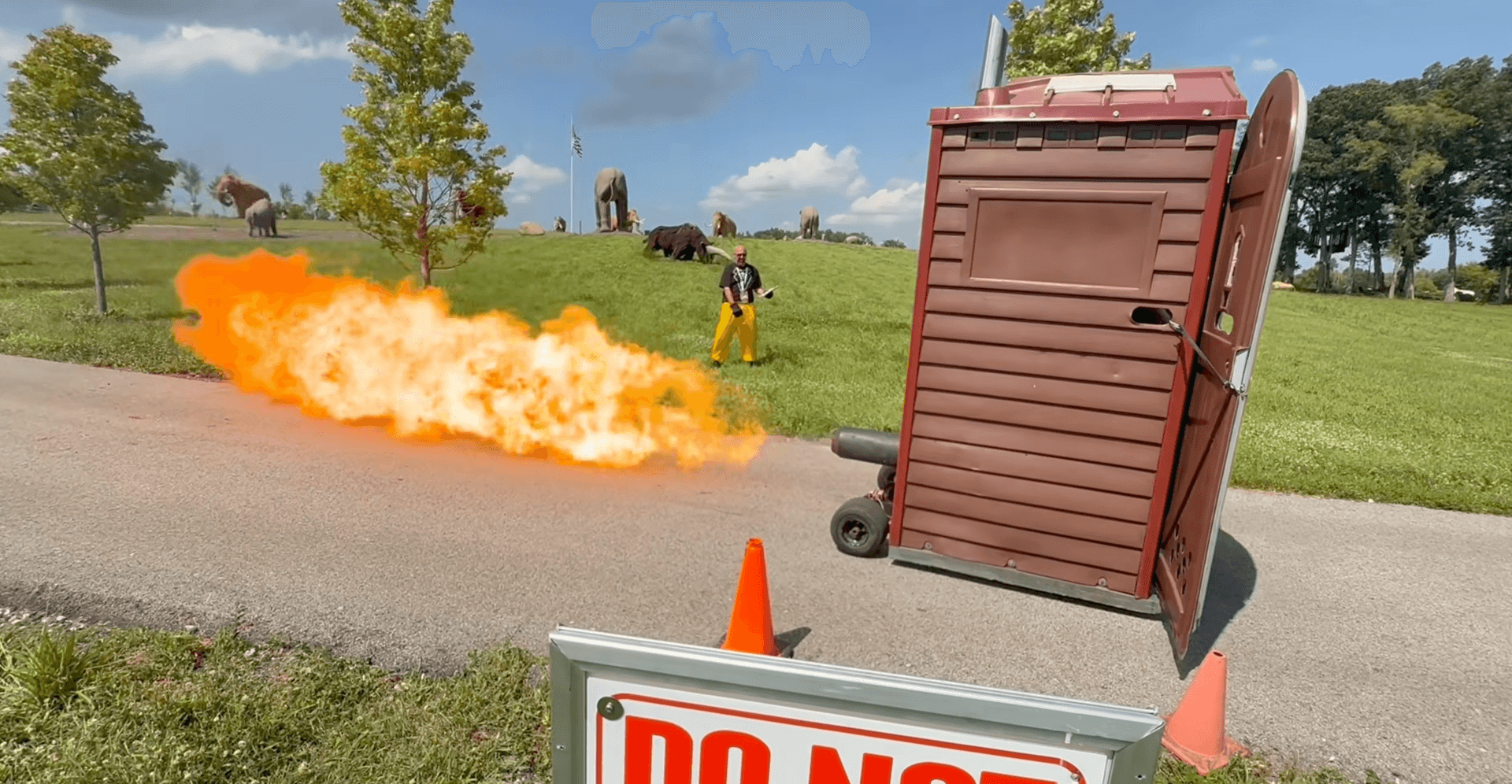 World's fastest outhouse with flames coming out of it